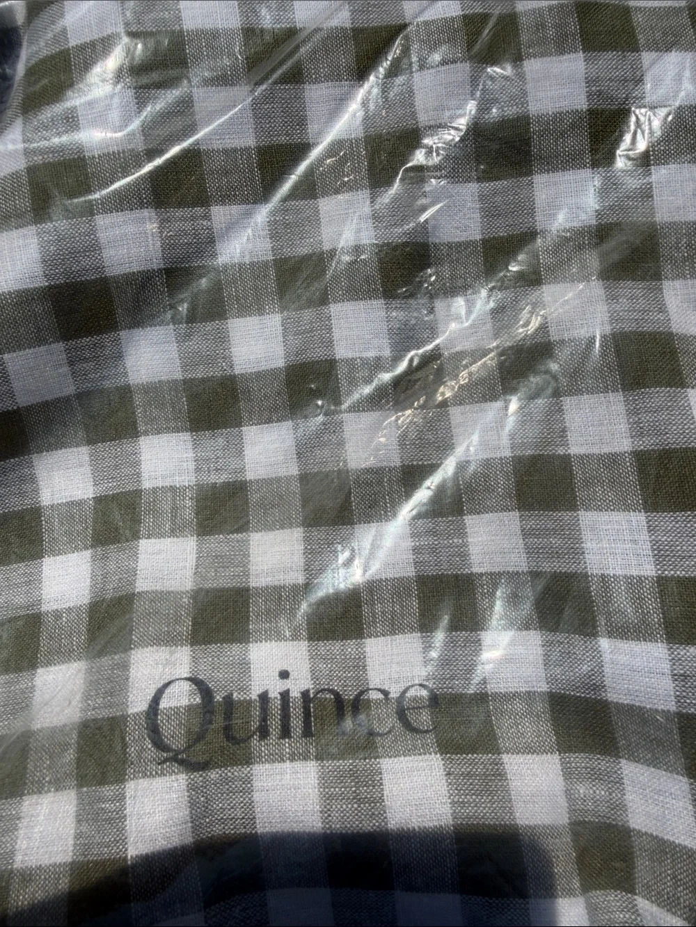 Quince NWOT European Linen Gingham Duvet Cover Set in Olive King/Cal King 1248